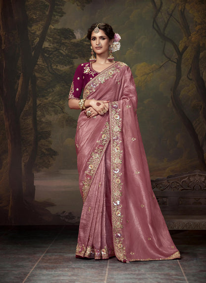 Onion Pink Tissue Organza With Heavy Sequence With Heavy Designer Blouse Saree