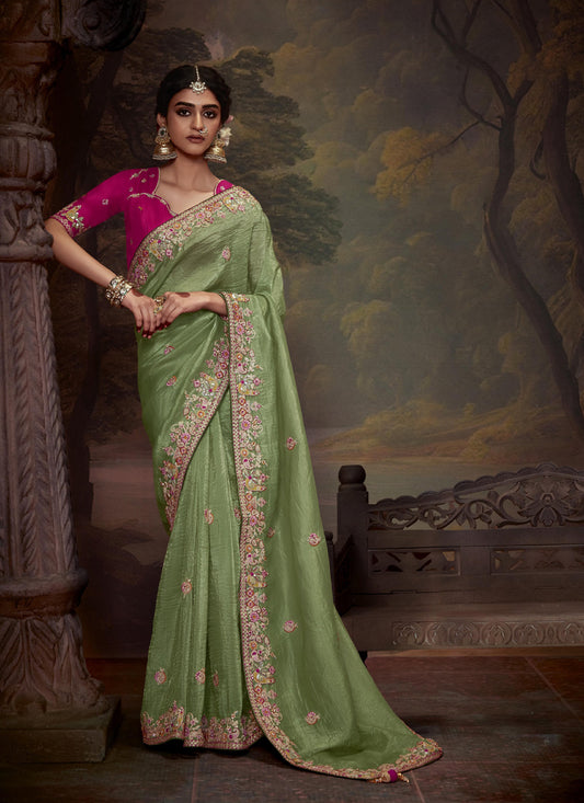 Pista Green Tissue Organza With Heavy Sequence With Heavy Designer Blouse Saree