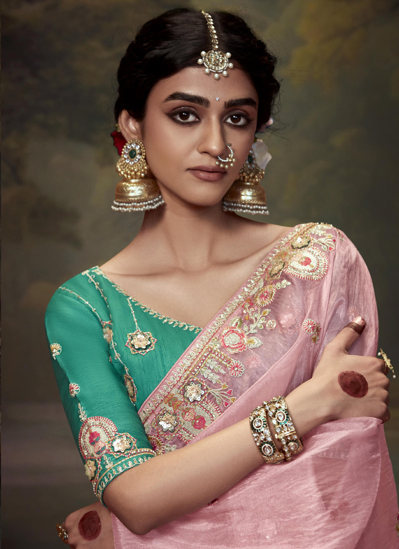 Baby Pink Tissue Organza With Heavy Sequence With Heavy Designer Blouse Saree