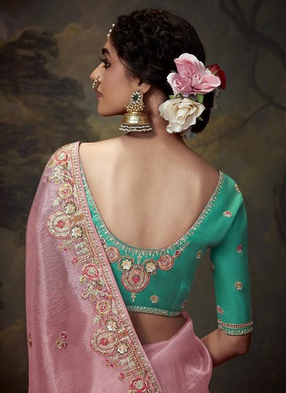 Baby Pink Tissue Organza With Heavy Sequence With Heavy Designer Blouse Saree