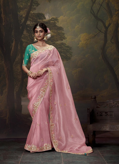 Baby Pink Tissue Organza With Heavy Sequence With Heavy Designer Blouse Saree