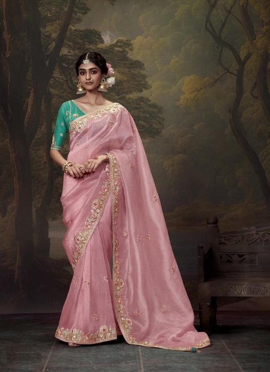 Baby Pink Tissue Organza With Heavy Sequence With Heavy Designer Blouse Saree