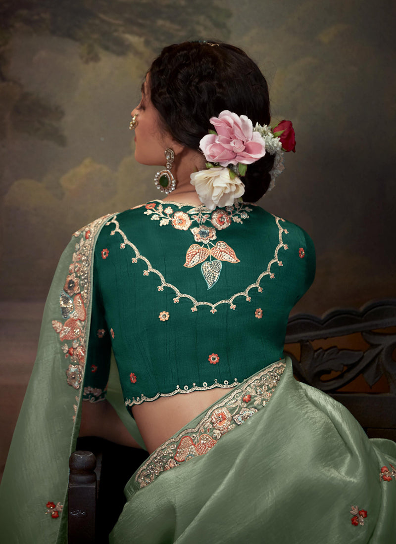 Pista Tissue Organza With Heavy Sequence With Heavy Designer Blouse Saree