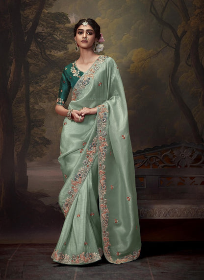 Pista Tissue Organza With Heavy Sequence With Heavy Designer Blouse Saree