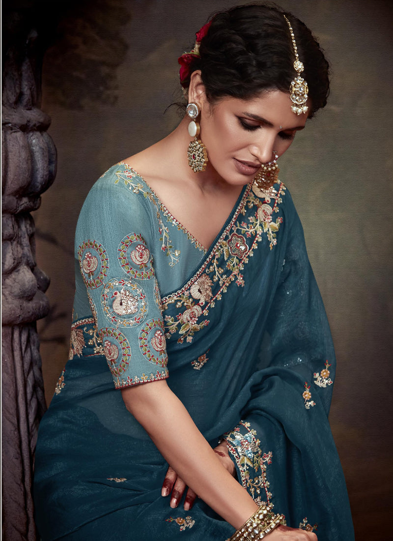 Peacock Blue Tissue Organza With Heavy Sequence With Heavy Designer Blouse Saree
