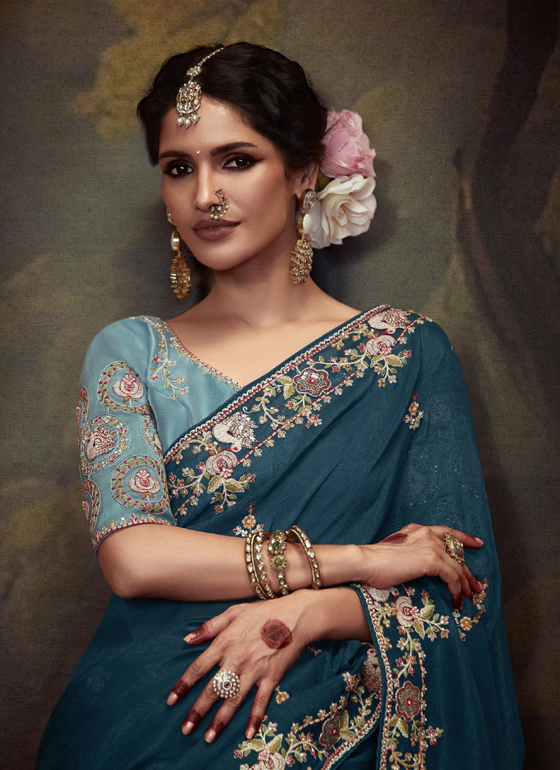 Peacock Blue Tissue Organza With Heavy Sequence With Heavy Designer Blouse Saree