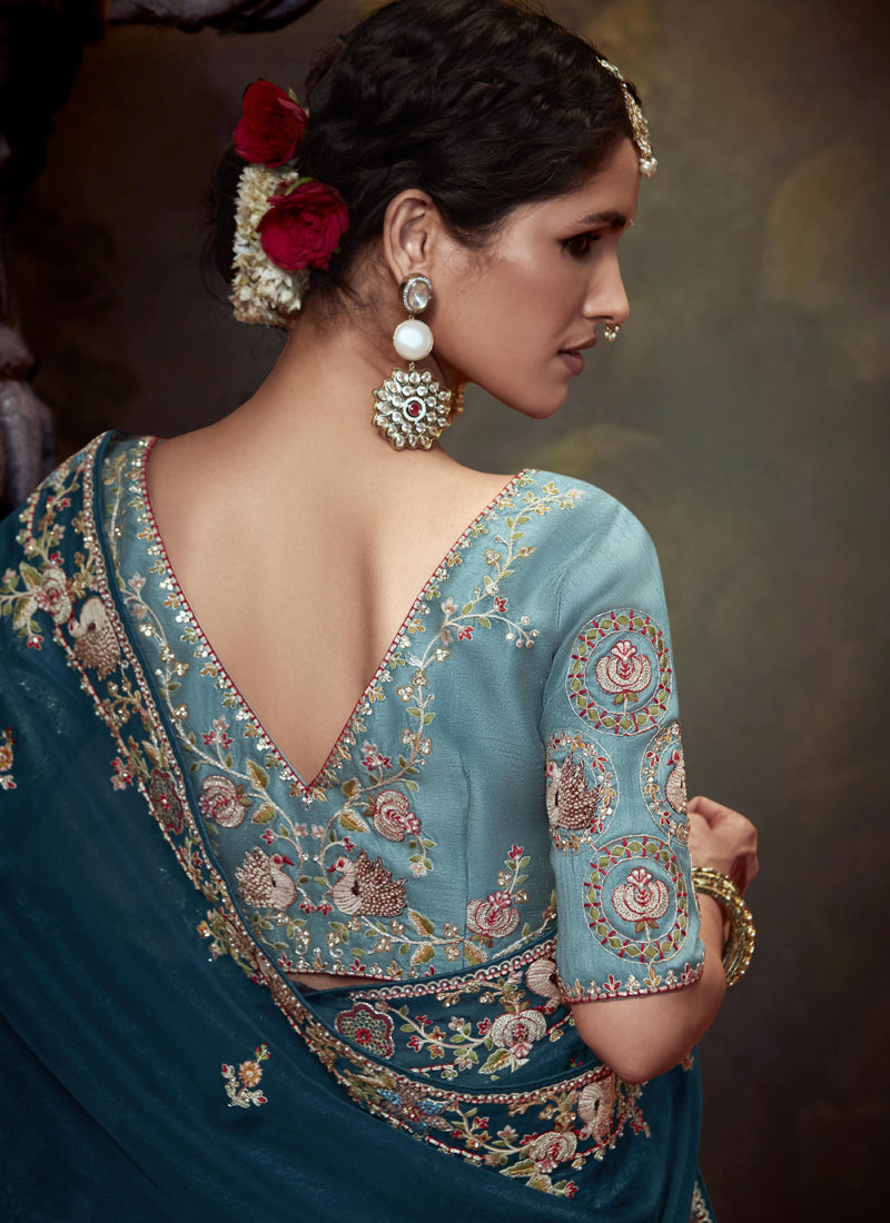 Peacock Blue Tissue Organza With Heavy Sequence With Heavy Designer Blouse Saree