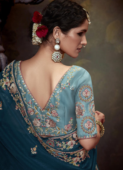 Peacock Blue Tissue Organza With Heavy Sequence With Heavy Designer Blouse Saree