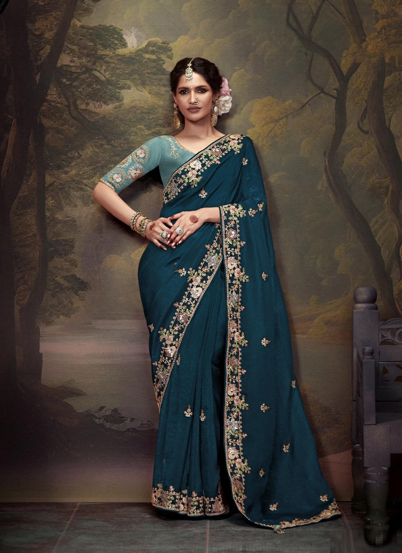 Peacock Blue Tissue Organza With Heavy Sequence With Heavy Designer Blouse Saree