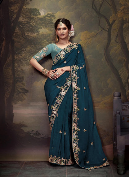 Peacock Blue Tissue Organza With Heavy Sequence With Heavy Designer Blouse Saree