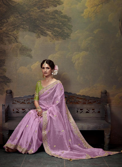 Lavender Tissue Organza With Heavy Sequence Heavy Designer Blouse Saree