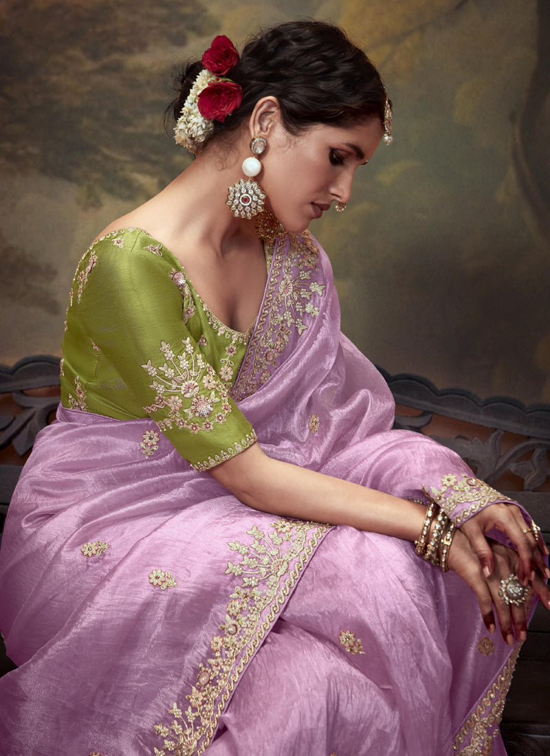Lavender Tissue Organza With Heavy Sequence Heavy Designer Blouse Saree