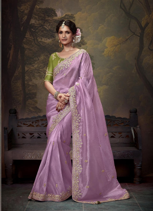 Lavender Tissue Organza With Heavy Sequence Heavy Designer Blouse Saree