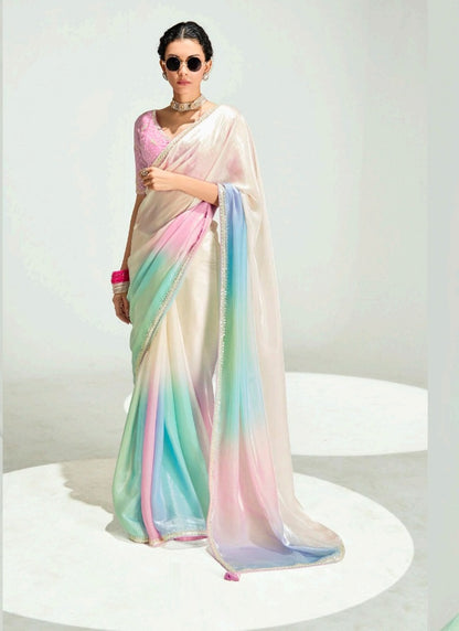 Shaded Off White & Multi Color Organza Tissue Designer Saree