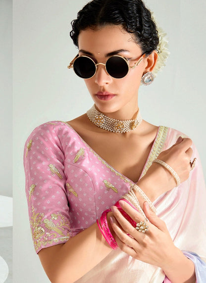 Shaded Off White & Multi Color Organza Tissue Designer Saree