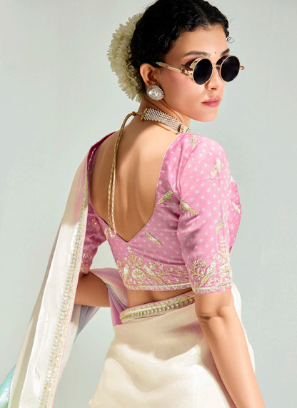 Shaded Off White & Multi Color Organza Tissue Designer Saree