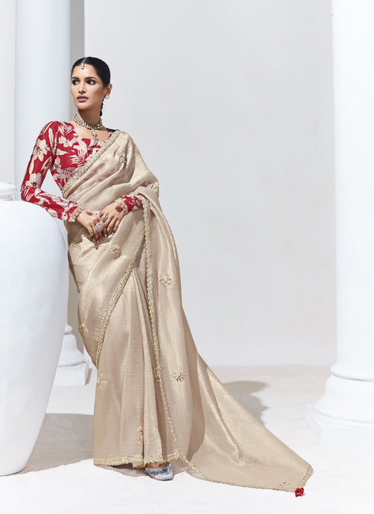 Beige Glass Tissue Satin Silk Digital Printed Party Wear Saree