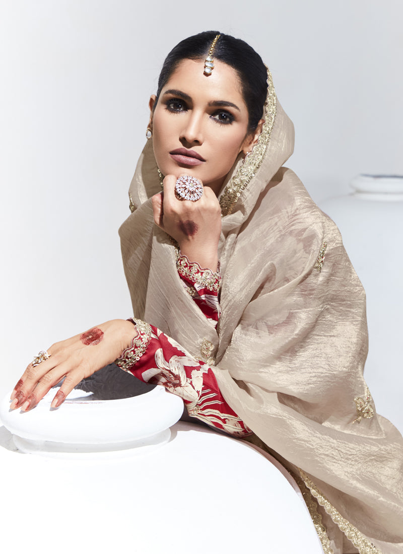 Beige Glass Tissue Satin Silk Digital Printed Party Wear Saree