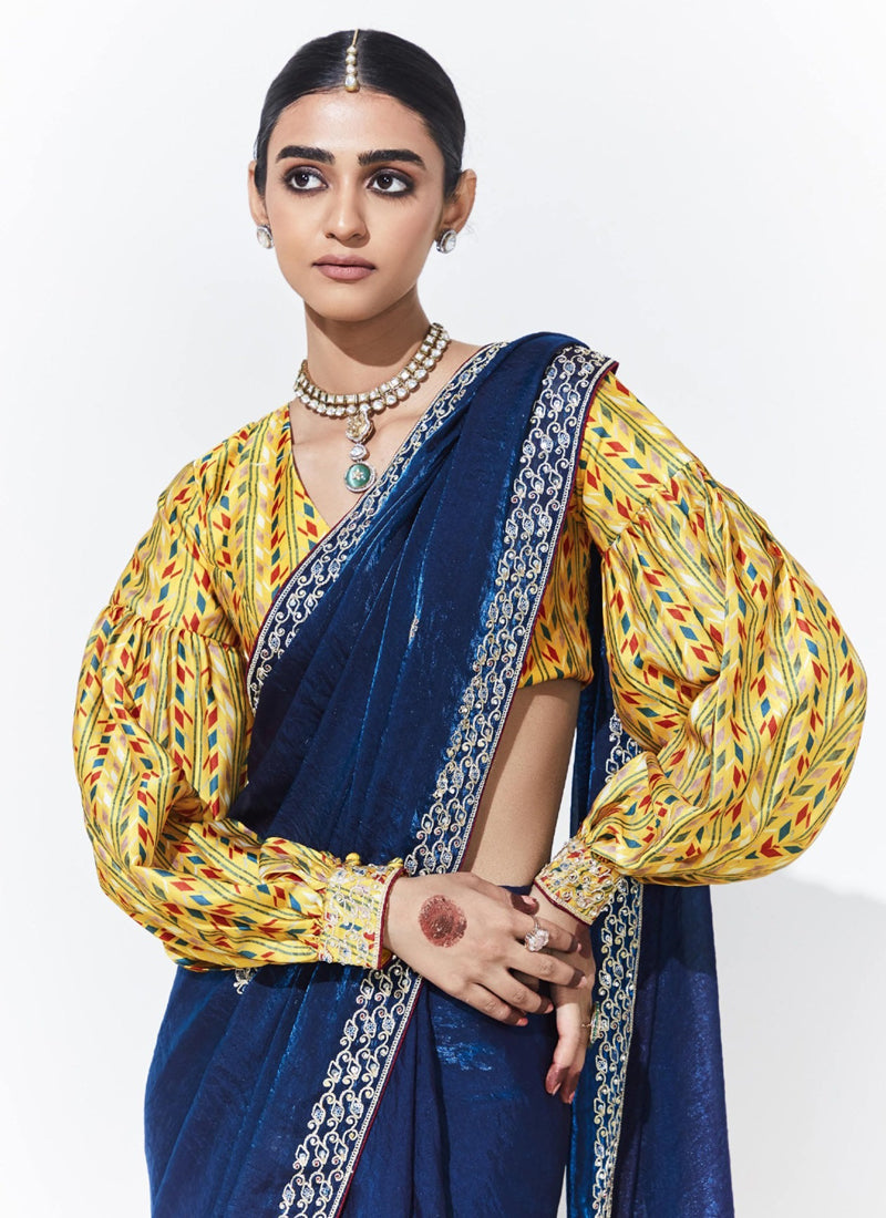 Navy Blue Glass Tissue Satin Silk Digital Printed Party Wear Saree