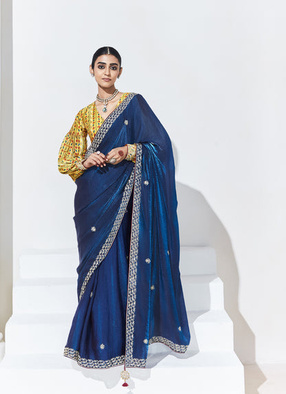 Navy Blue Glass Tissue Satin Silk Digital Printed Party Wear Saree