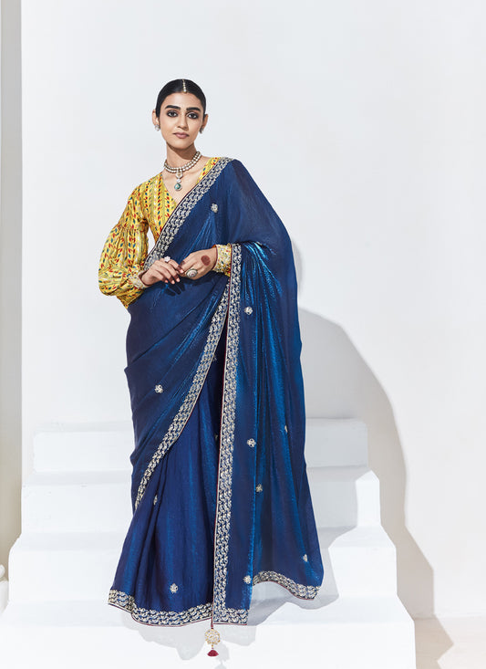 Navy Blue Glass Tissue Satin Silk Digital Printed Party Wear Saree