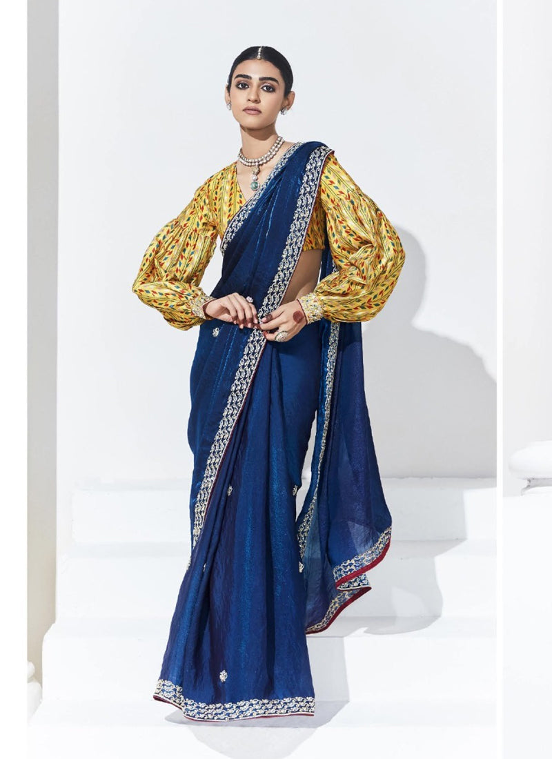 Navy Blue Glass Tissue Satin Silk Digital Printed Party Wear Saree