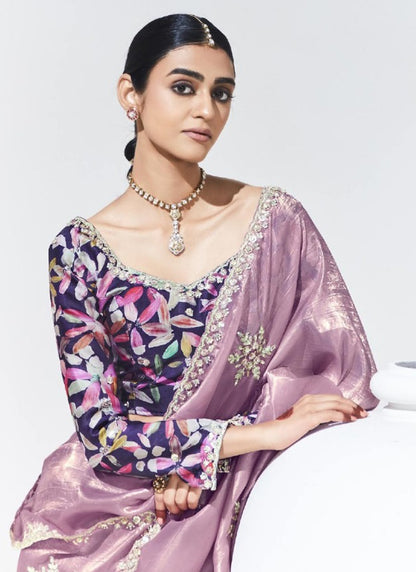 Onion Pink Glass Tissue Butti Work Satin Silk Digital Printed Party Wear Saree