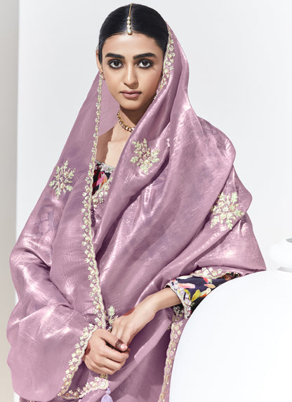 Onion Pink Glass Tissue Butti Work Satin Silk Digital Printed Party Wear Saree