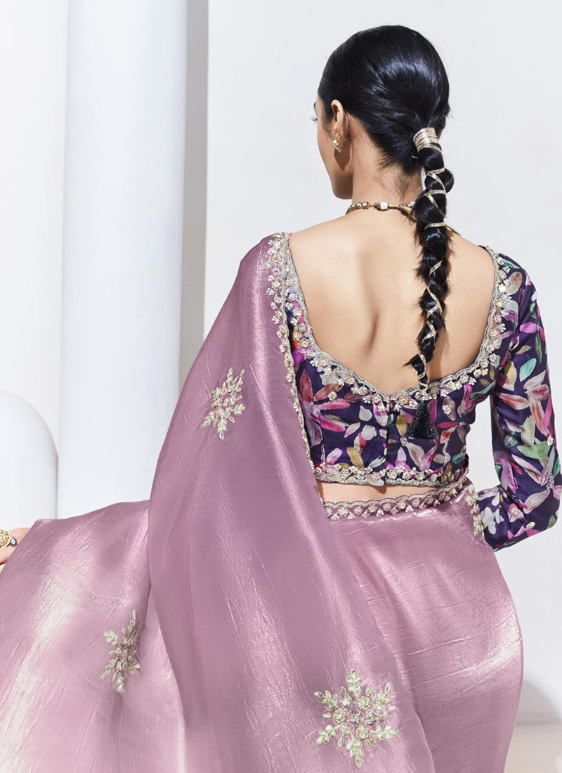 Onion Pink Glass Tissue Butti Work Satin Silk Digital Printed Party Wear Saree