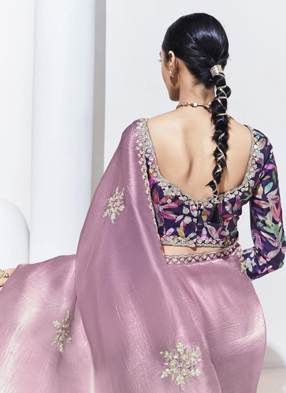 Onion Pink Glass Tissue Butti Work Satin Silk Digital Printed Party Wear Saree