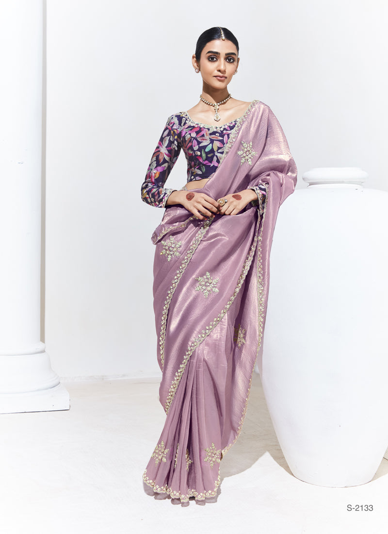 Onion Pink Glass Tissue Butti Work Satin Silk Digital Printed Party Wear Saree