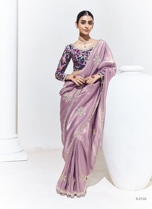 Onion Pink Glass Tissue Butti Work Satin Silk Digital Printed Party Wear Saree