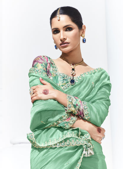 Pista Glass Tissue Satin Silk Digital Printed Party Wear Saree