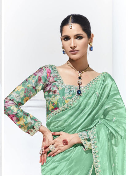 Pista Glass Tissue Satin Silk Digital Printed Party Wear Saree