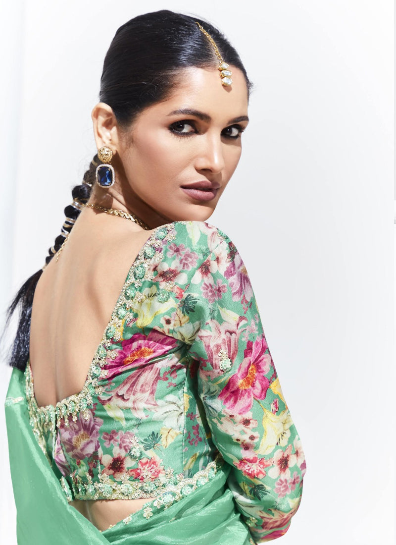 Pista Glass Tissue Satin Silk Digital Printed Party Wear Saree