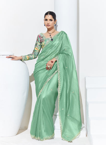 Pista Glass Tissue Satin Silk Digital Printed Party Wear Saree