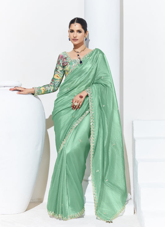 Pista Glass Tissue Satin Silk Digital Printed Party Wear Saree