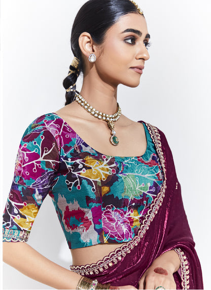 Maroon Glass Tissue Satin Silk Digital Printed Party Wear Saree