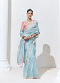 Light Sky Blue Glass Tissue Satin Silk Digital Printed Party Wear Saree
