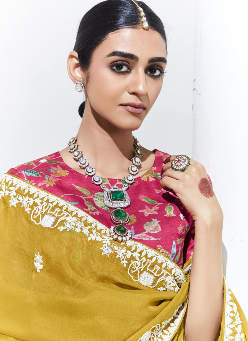 Mustard Glass Tissue Satin Silk Digital Printed Party Wear Saree