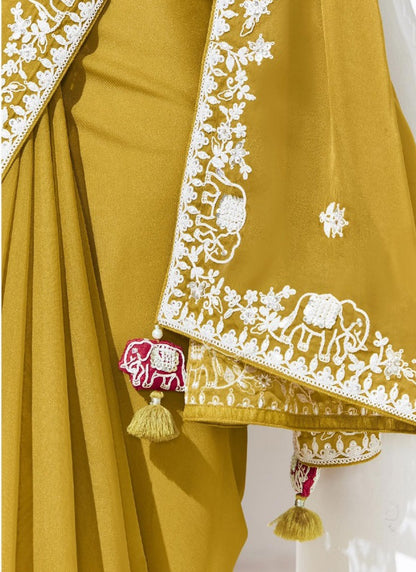 Mustard Glass Tissue Satin Silk Digital Printed Party Wear Saree