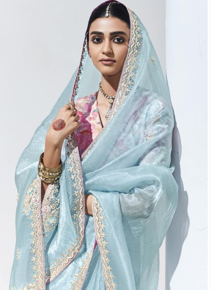Light Sky Blue Glass Tissue Satin Silk Digital Printed Party Wear Saree