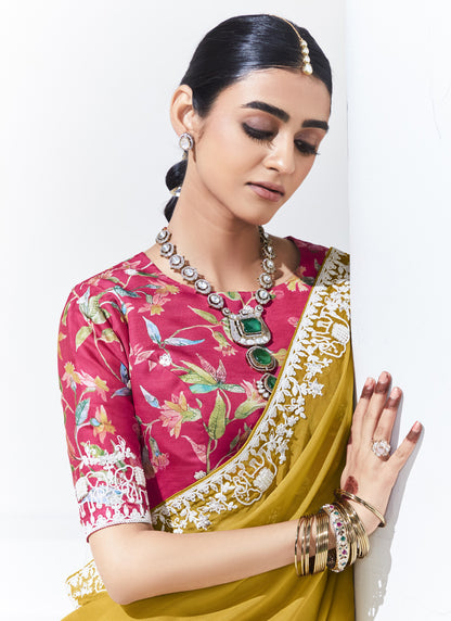 Mustard Glass Tissue Satin Silk Digital Printed Party Wear Saree