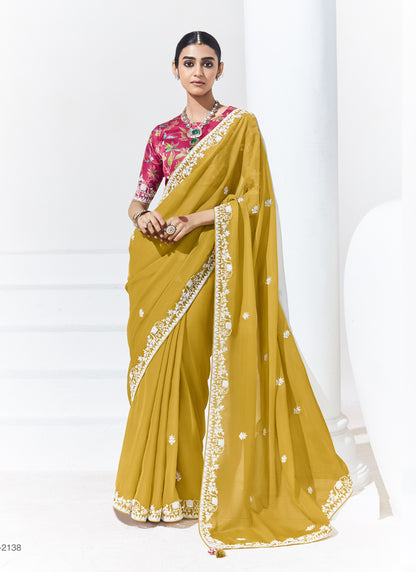 Mustard Glass Tissue Satin Silk Digital Printed Party Wear Saree