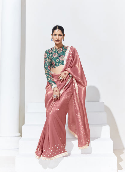 Peach Glass Tissue Satin Silk Digital Printed Party Wear Saree