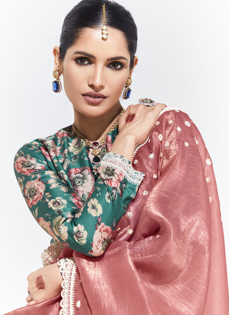 Peach Glass Tissue Satin Silk Digital Printed Party Wear Saree