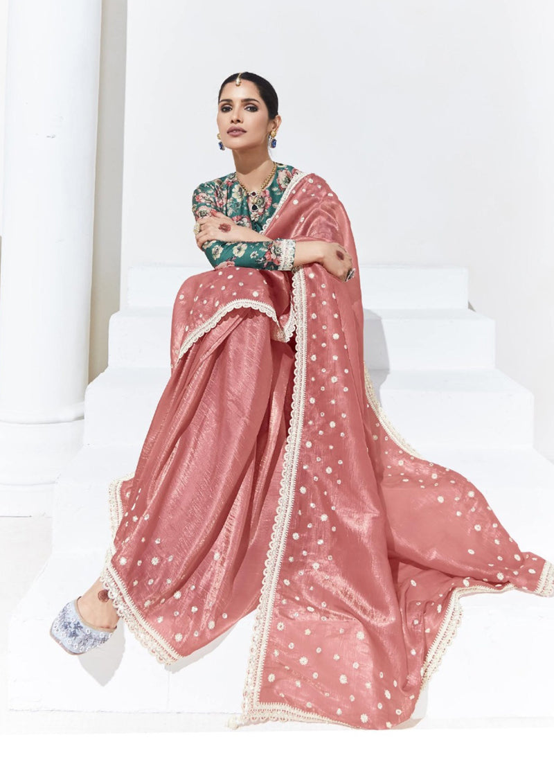 Peach Glass Tissue Satin Silk Digital Printed Party Wear Saree