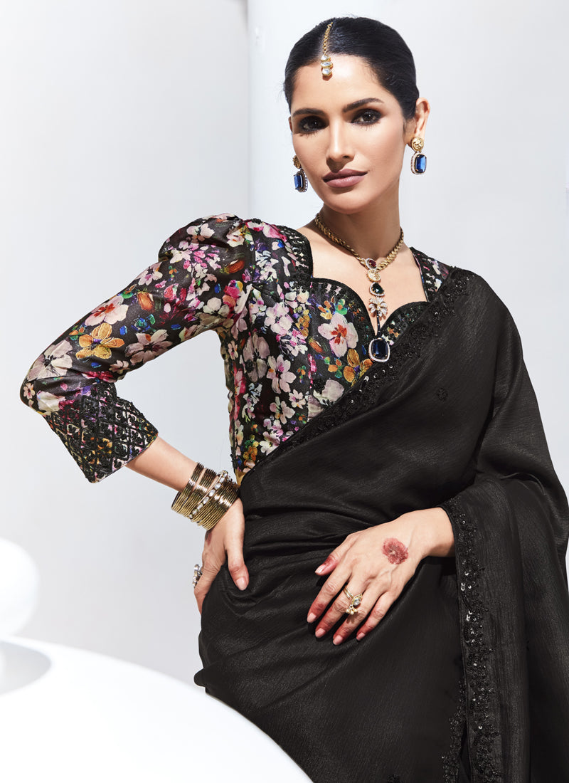 Black Glass Tissue Satin Silk Digital Printed Party Wear Saree