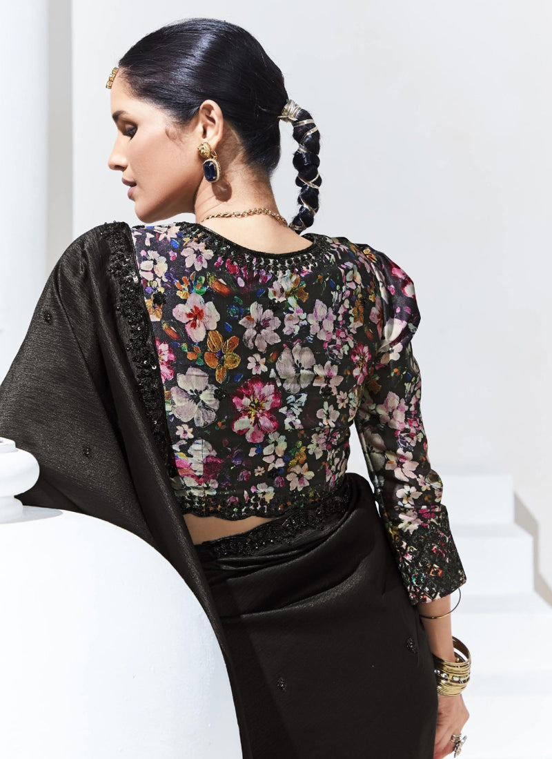 Black Glass Tissue Satin Silk Digital Printed Party Wear Saree