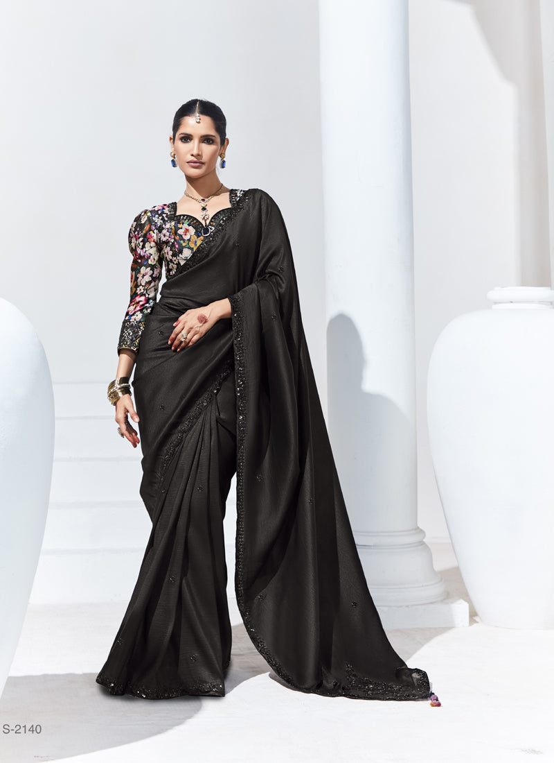 Black Glass Tissue Satin Silk Digital Printed Party Wear Saree